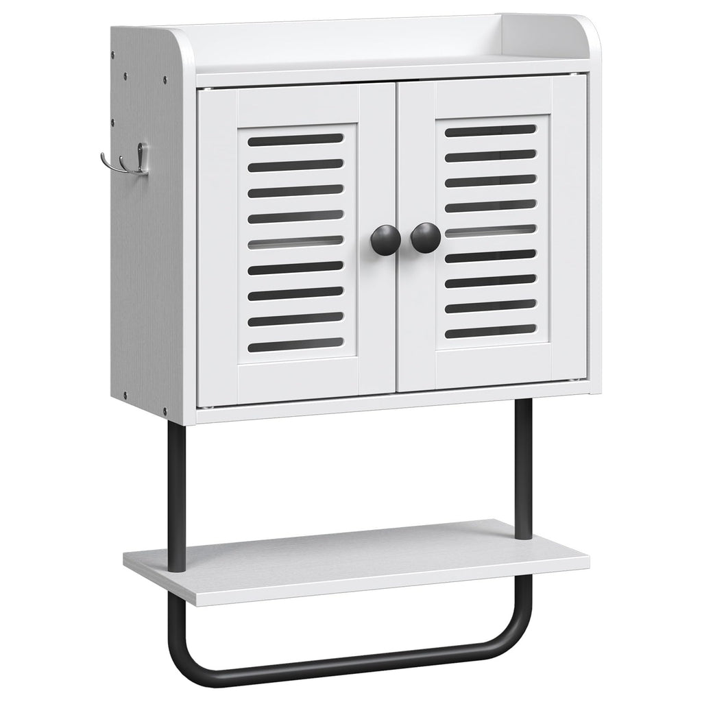 White Double Doors Bathroom Wall Cabinet with Towel Bar, Adjustable Shelf, 2 Hooks M57506