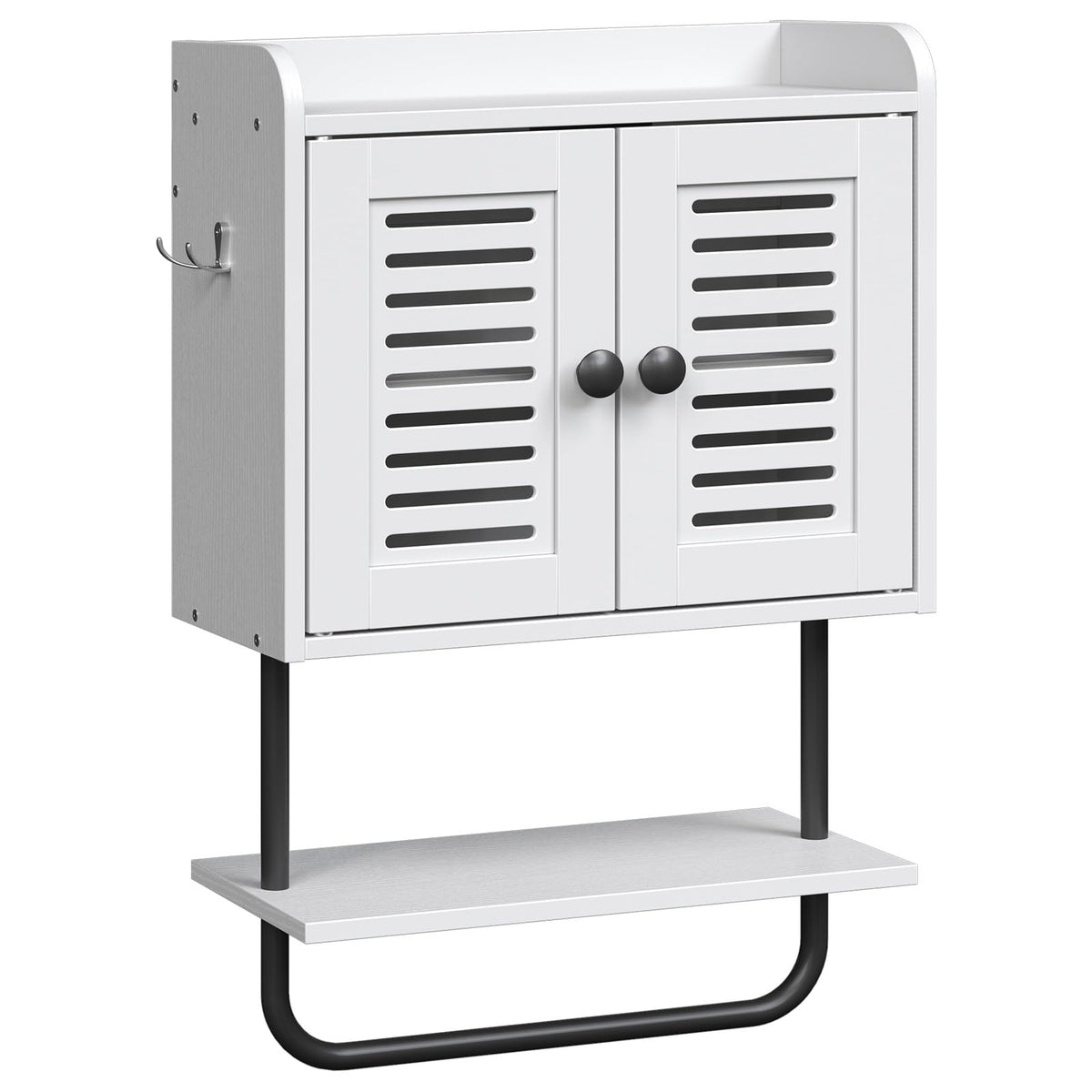 White Double Doors Bathroom Wall Cabinet with Towel Bar, Adjustable Shelf, 2 Hooks M57506