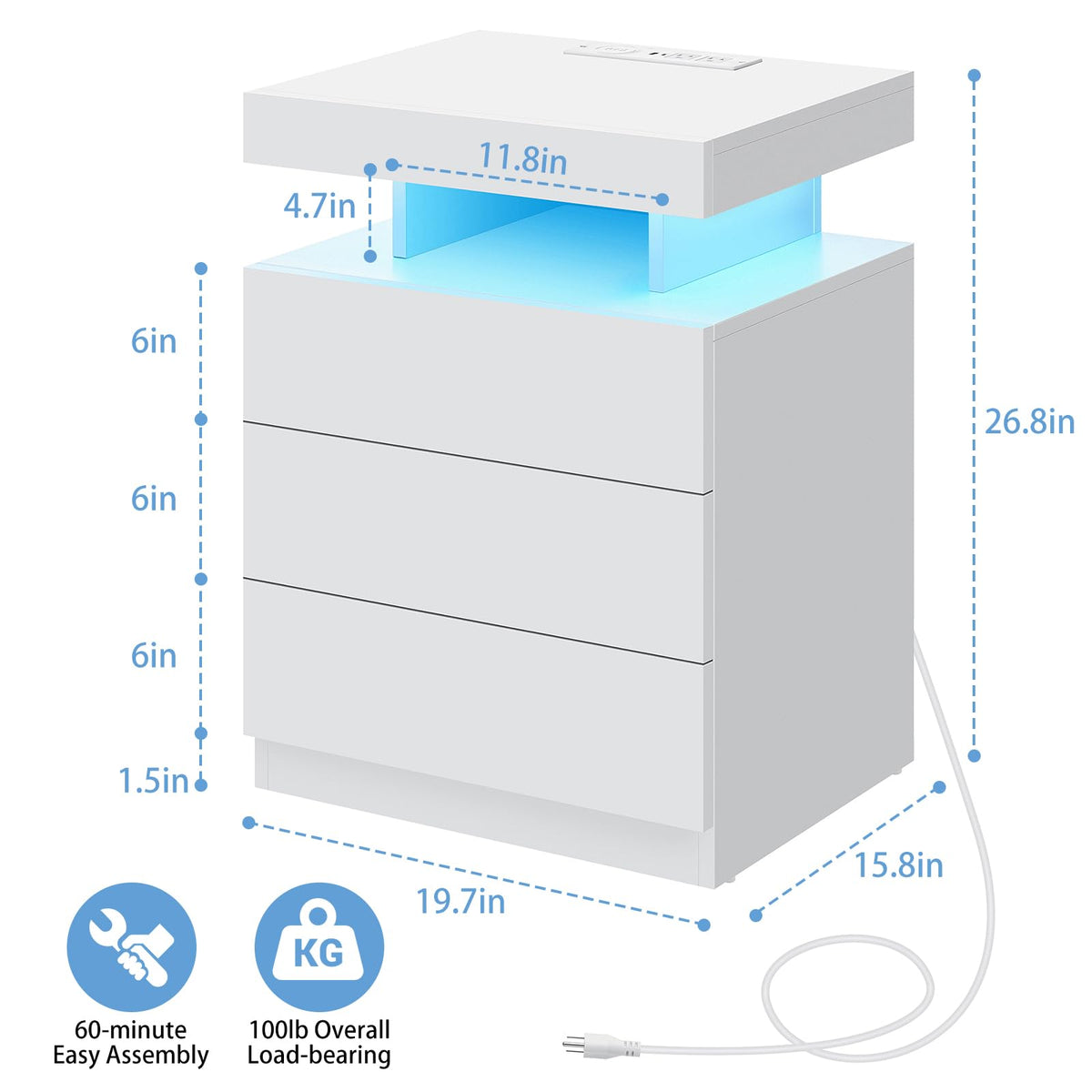 White 3 Drawer Nightstand with Charging Station and LED Light Q308