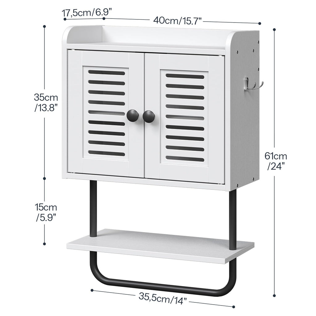 White Double Doors Bathroom Wall Cabinet with Towel Bar, Adjustable Shelf, 2 Hooks M57506