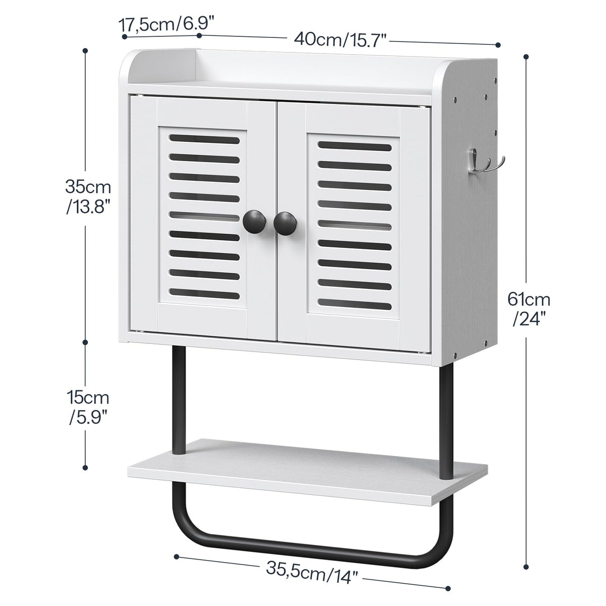 White Double Doors Bathroom Wall Cabinet with Towel Bar, Adjustable Shelf, 2 Hooks M57506