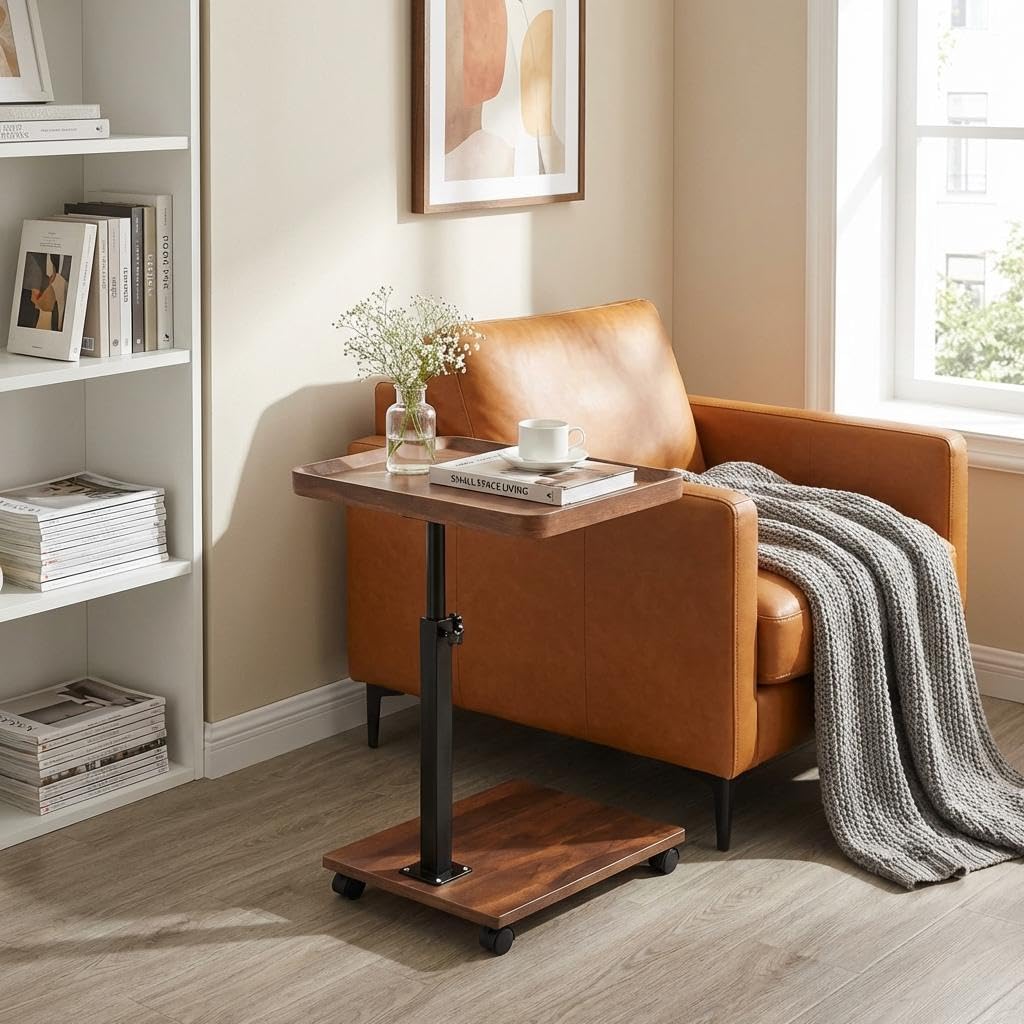 C Shaped End Table with Wheels & Adjustable Height S2949