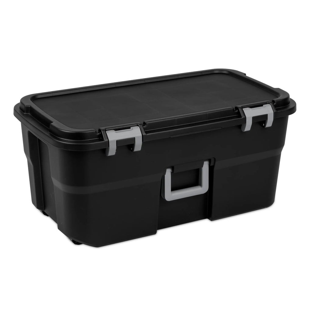 22 Gallon Black Wheeled Plastic Storage Trunk with Latching Lid Q33320