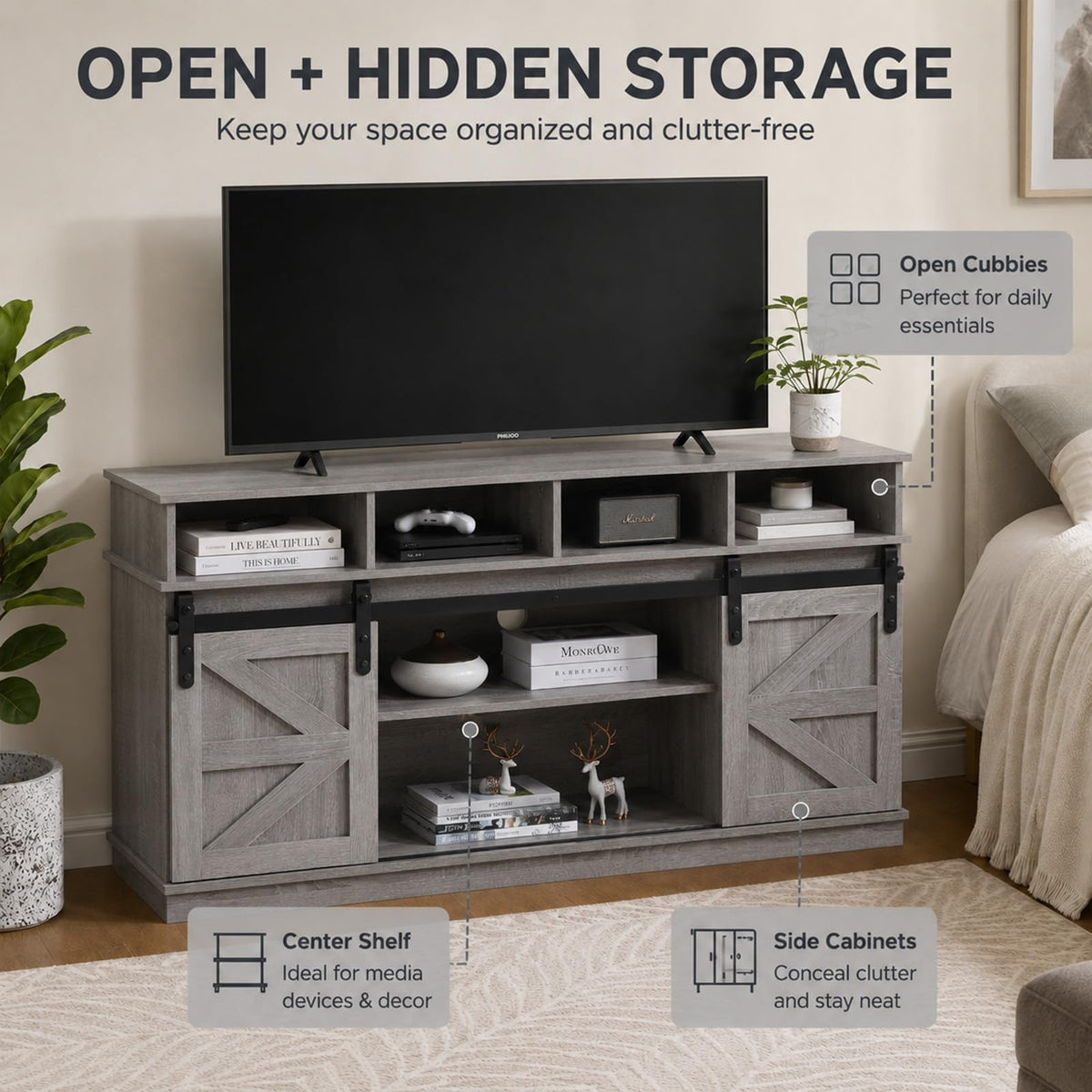 Grey TV Stand with Storage for 65 Inch TV F84394