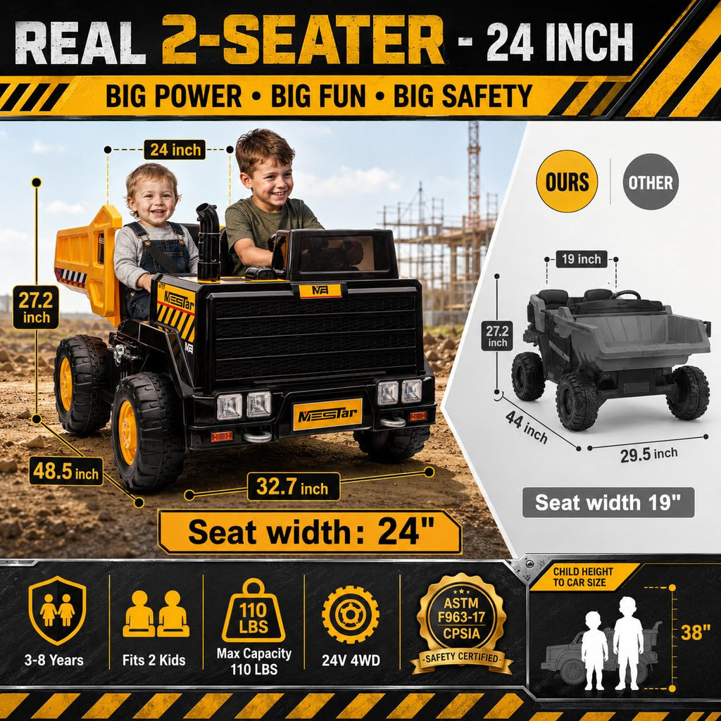 24V Ride On Dump Truck, 2-Seater Kids Electric Car, Yellow W4641