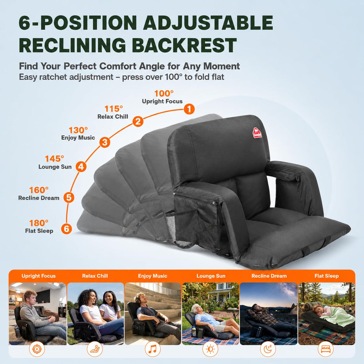 4.7" Thick Cushion 6 Reclining Positions Stadium Seat with Back Support G8430