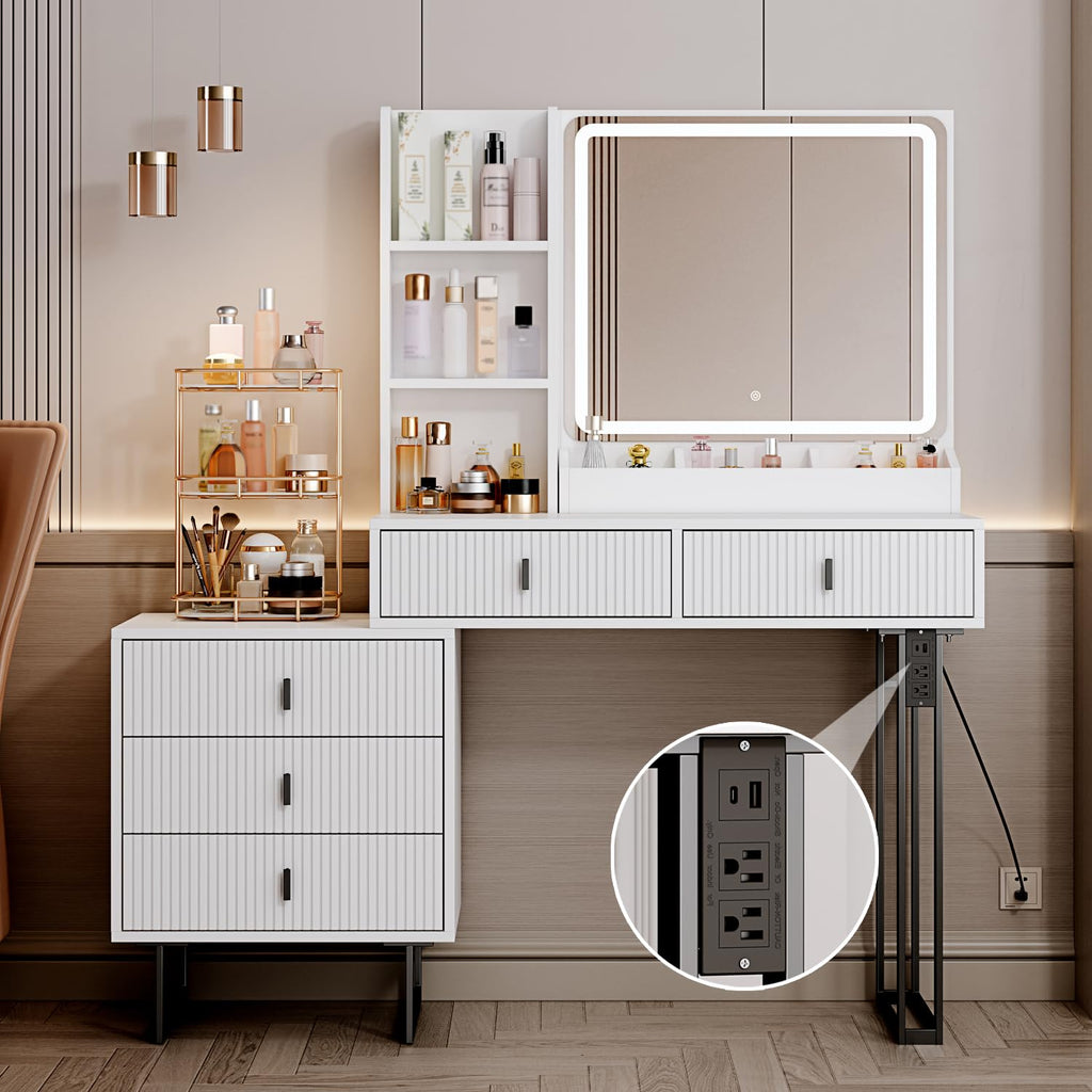 White Vanity Desk with Mirror and 5 Sliding Drawers S31428