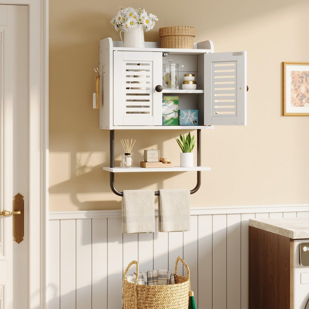 White Double Doors Bathroom Wall Cabinet with Towel Bar, Adjustable Shelf, 2 Hooks M57506
