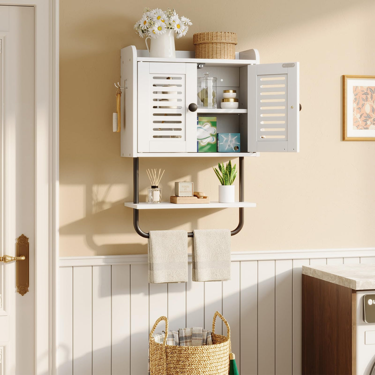White Double Doors Bathroom Wall Cabinet with Towel Bar, Adjustable Shelf, 2 Hooks M57506