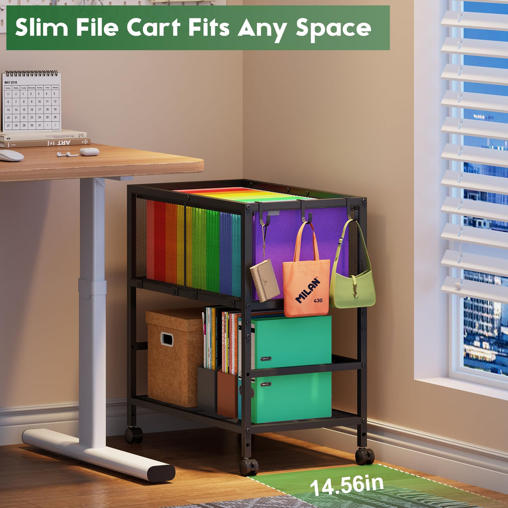 Black 2-Tier Rolling Metal File Cart with Storage Shelf H992343