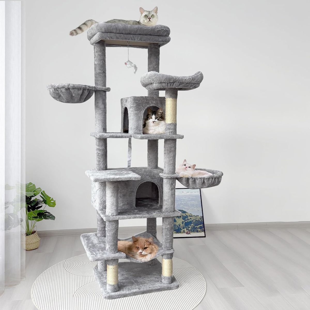68 Inches Tall Multi-Level Cat Tree with Hammock and Light Gray K381885