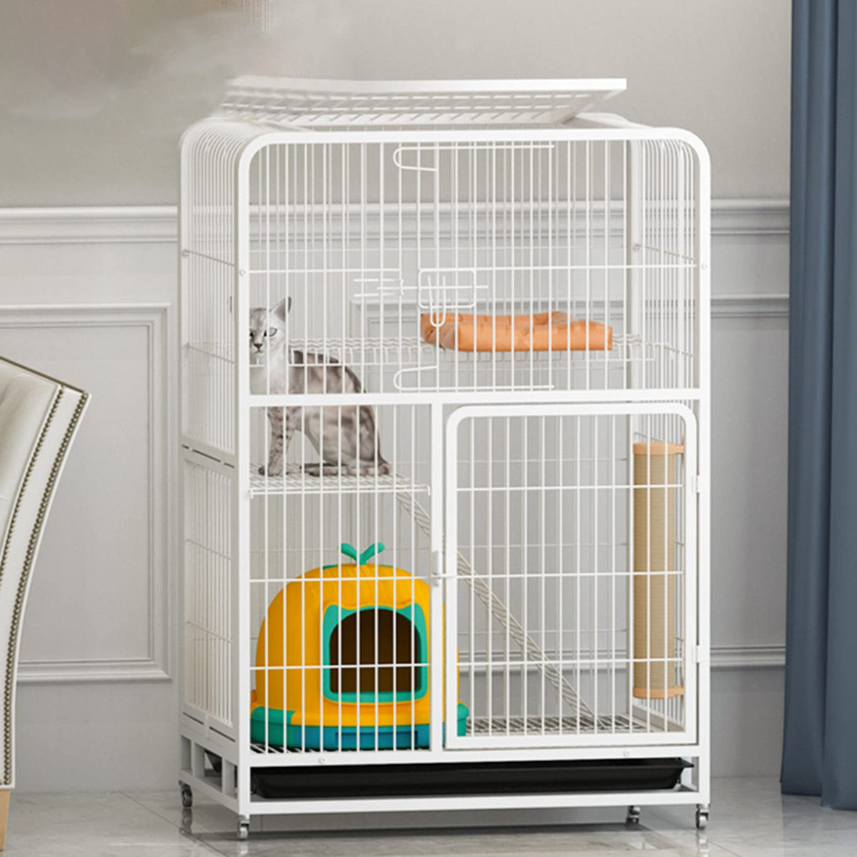 3-Tier Metal Wire Cat Cage with Hammock and Casters S383122