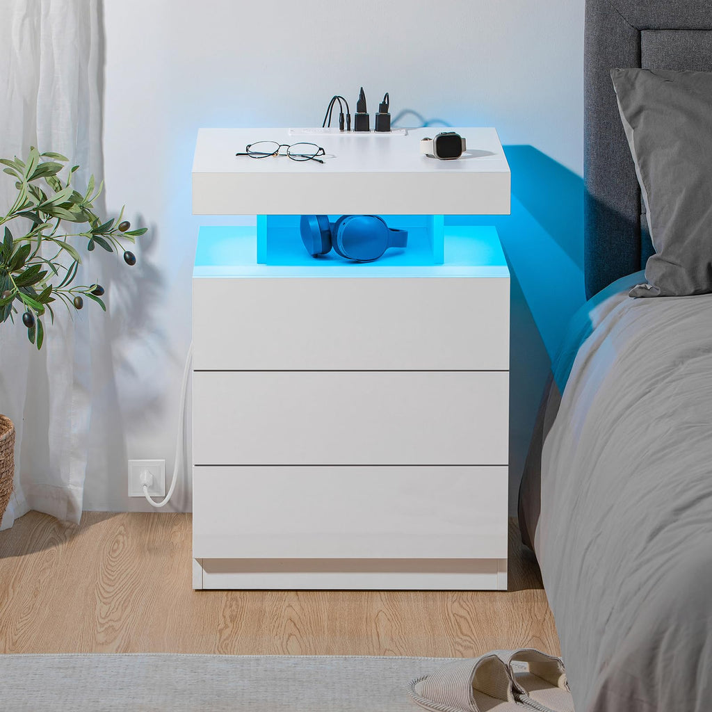 White 3 Drawer Nightstand with Charging Station and LED Light Q308