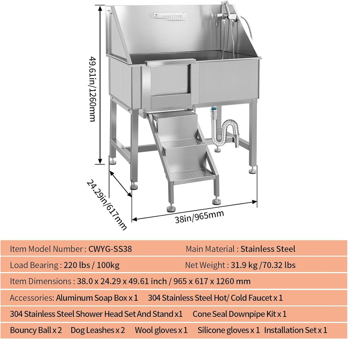 38" Stainless Steel Dog Grooming Tub with Anti-Slip Stairs N622