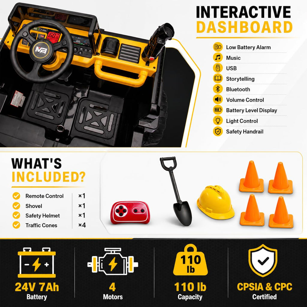 24V Ride On Dump Truck, 2-Seater Kids Electric Car, Yellow W4641