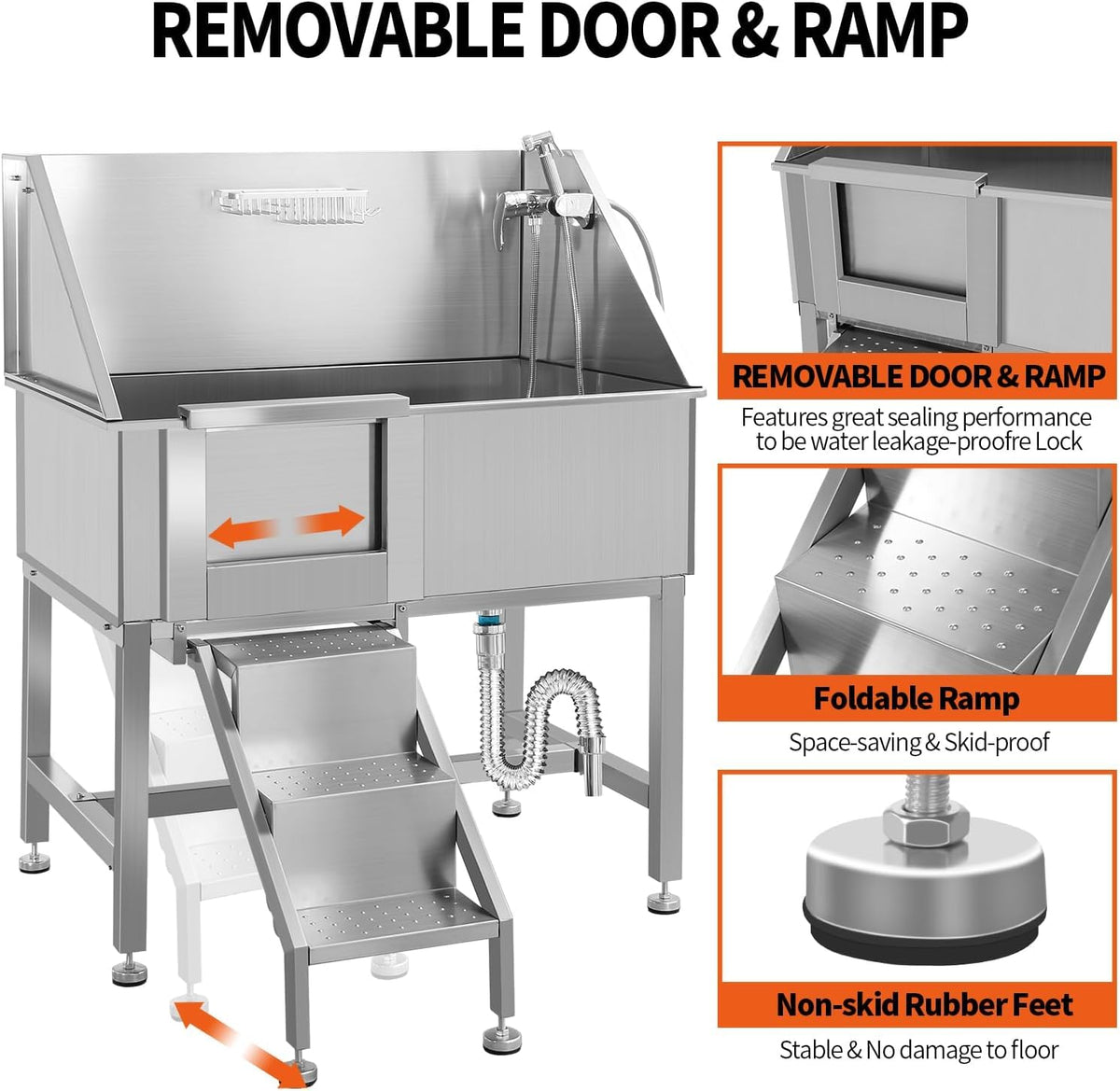 38" Stainless Steel Dog Grooming Tub with Anti-Slip Stairs N622