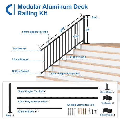 1 Pack 36 in. H x 6 ft. W Aluminum Stair Railing Kit with Post J609