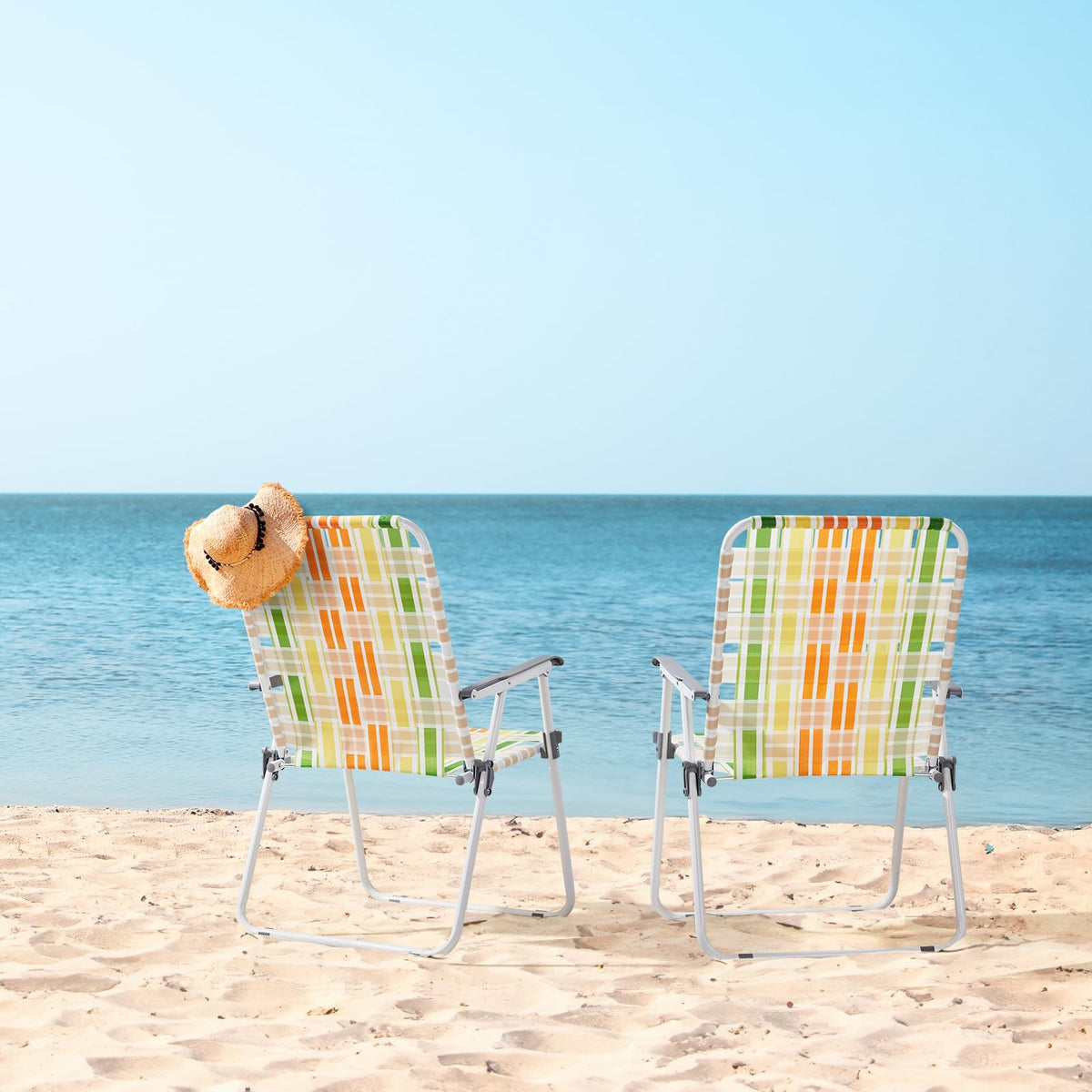 Set of 2 Webbed Folding Beach Chairs Yellow & Green G393