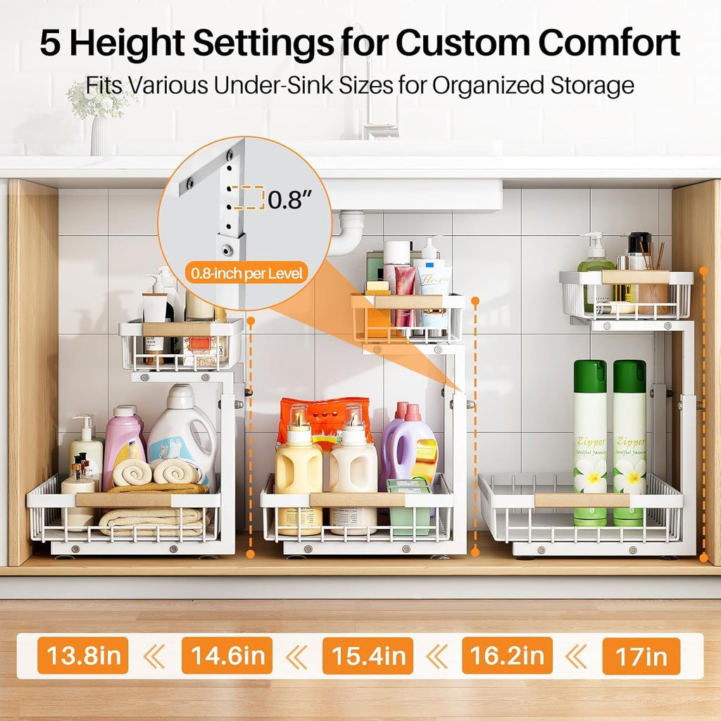 Adjustable 2 Tier Pull Out Under Sink Organizer, White, 2 Pack Q2276