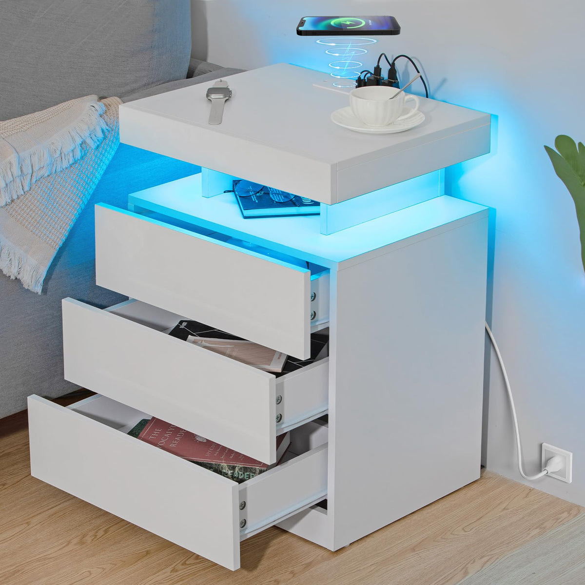 White 3 Drawer Nightstand with Charging Station and LED Light Q308