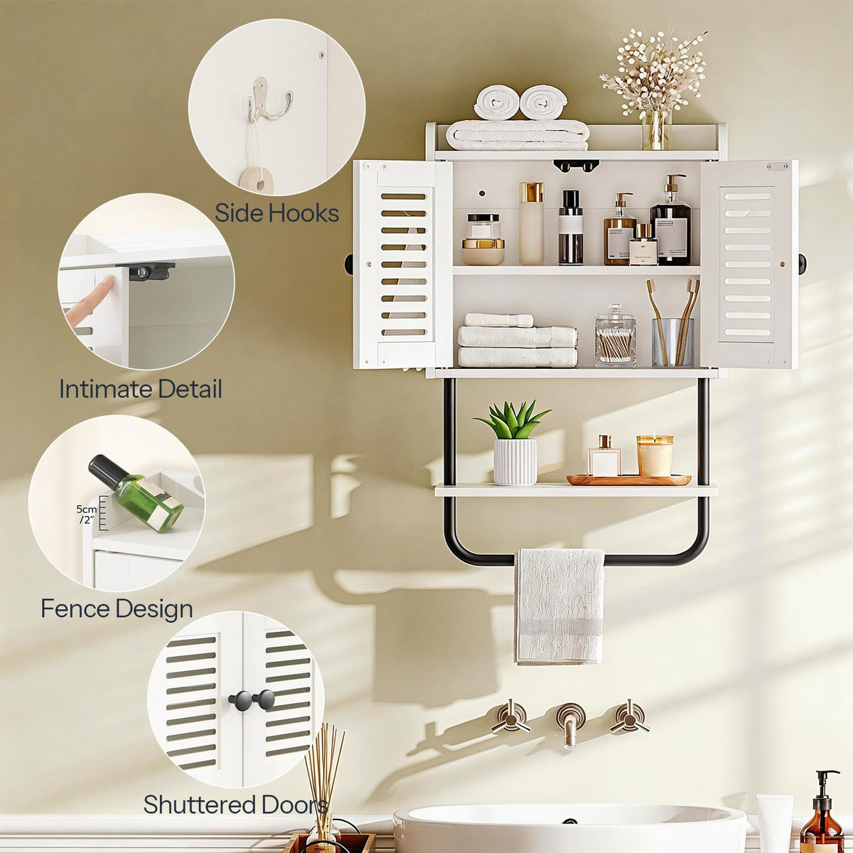 White Double Doors Bathroom Wall Cabinet with Towel Bar, Adjustable Shelf, 2 Hooks M57506