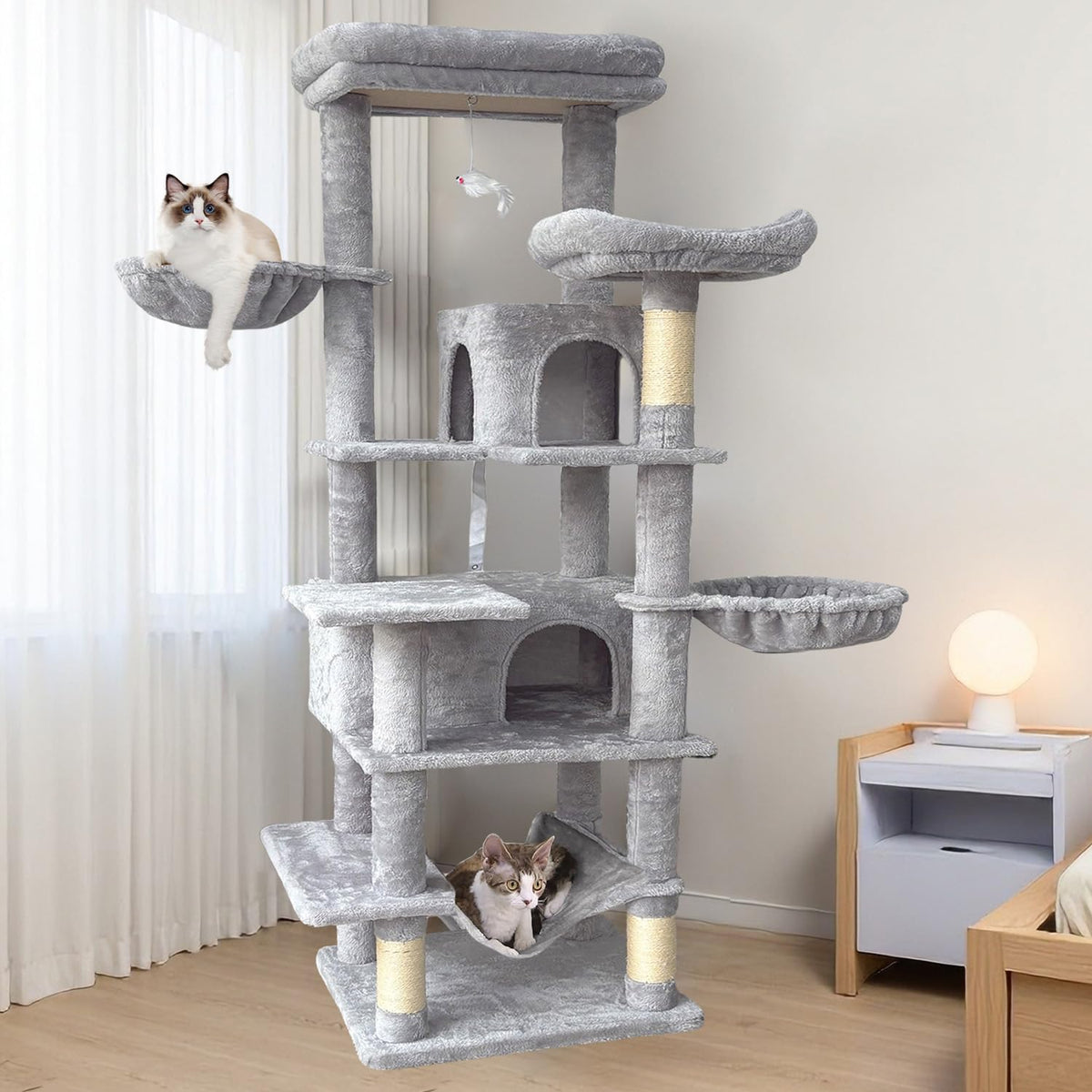 68 Inches Tall Multi-Level Cat Tree with Hammock and Light Gray K381885