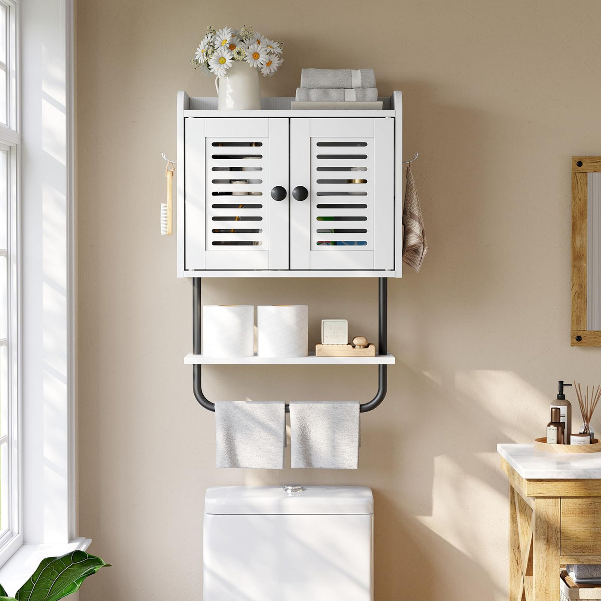 White Double Doors Bathroom Wall Cabinet with Towel Bar, Adjustable Shelf, 2 Hooks M57506