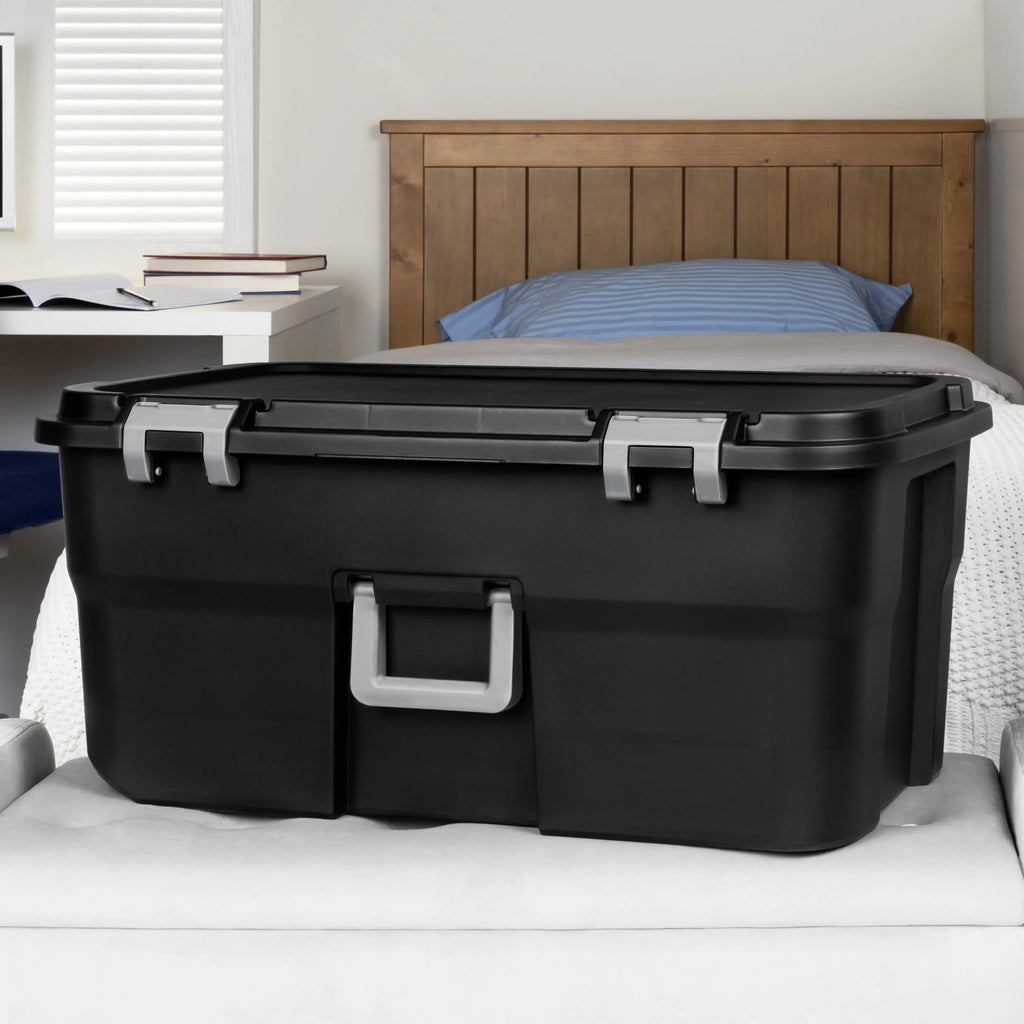 22 Gallon Black Wheeled Plastic Storage Trunk with Latching Lid Q33320