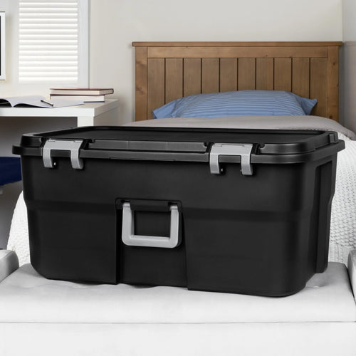 22 Gallon Black Wheeled Plastic Storage Trunk with Latching Lid Q33320