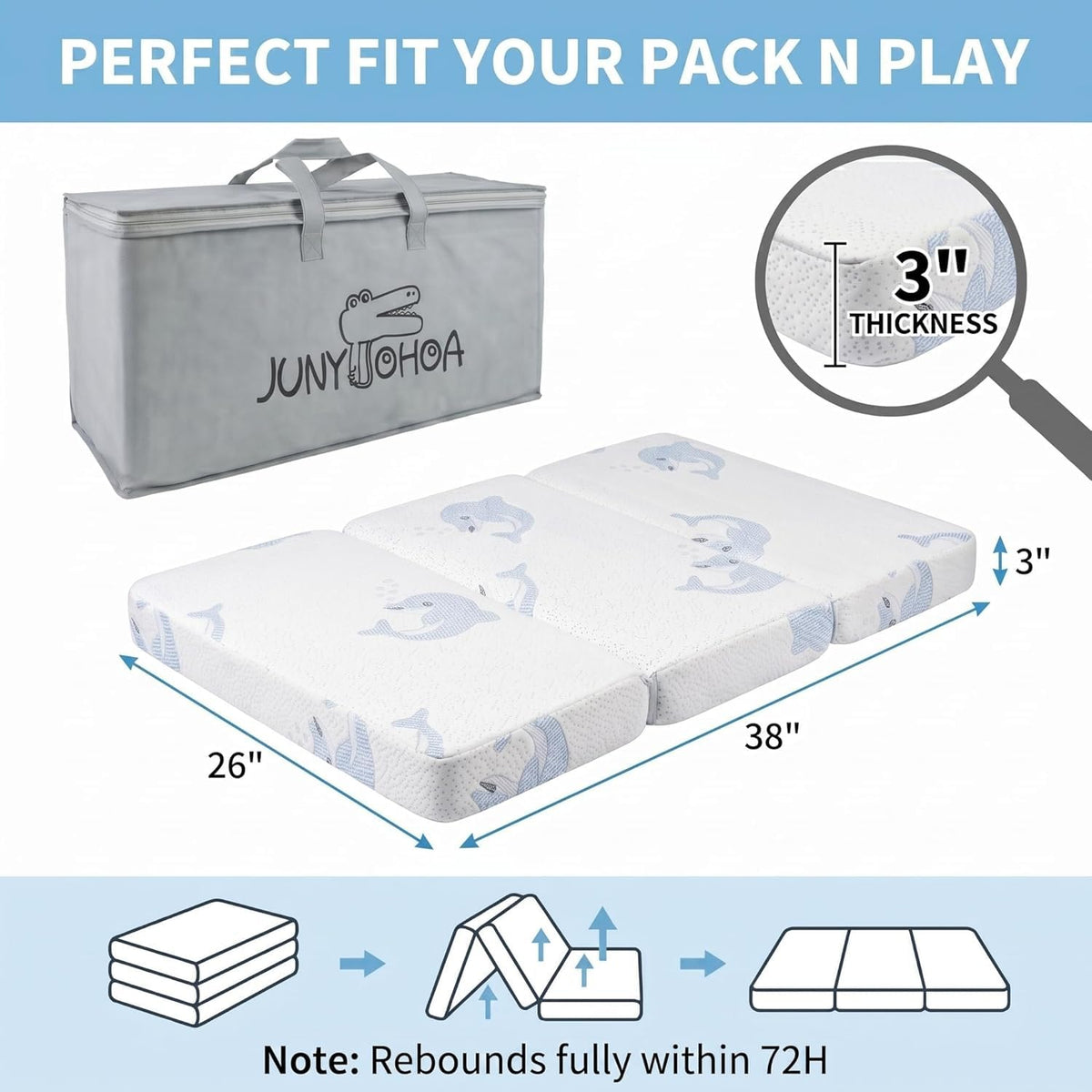 Trifold Pack and Play Mattress Topper, 38x26 Dual Firmness V170