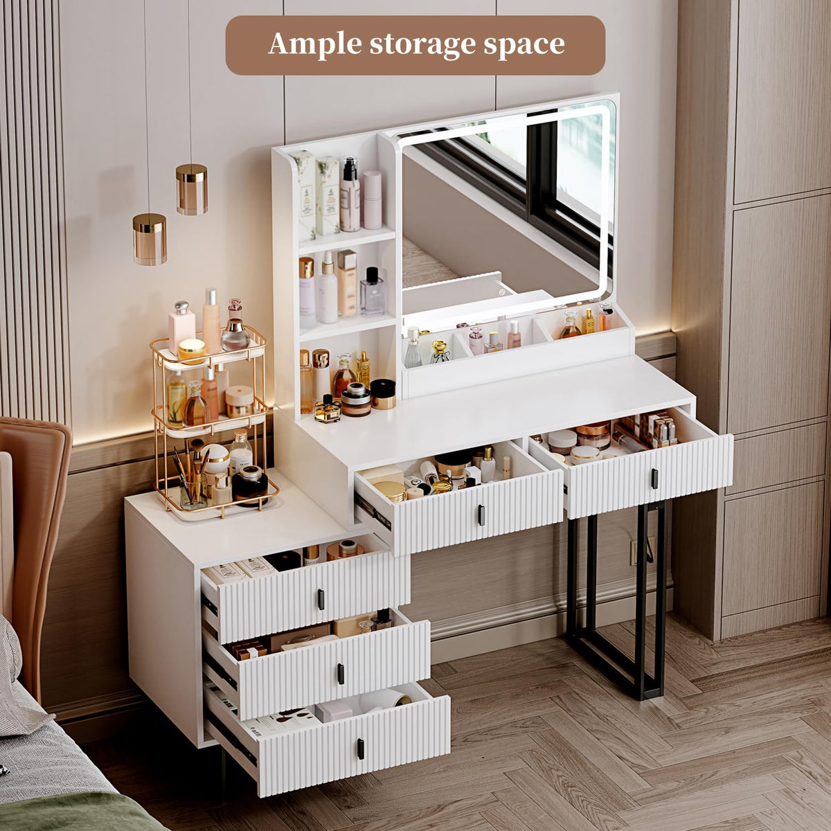 White Vanity Desk with Mirror and 5 Sliding Drawers S31428