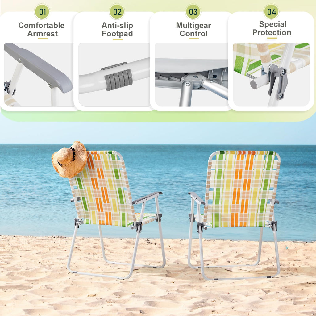 Set of 2 Webbed Folding Beach Chairs Yellow & Green G393