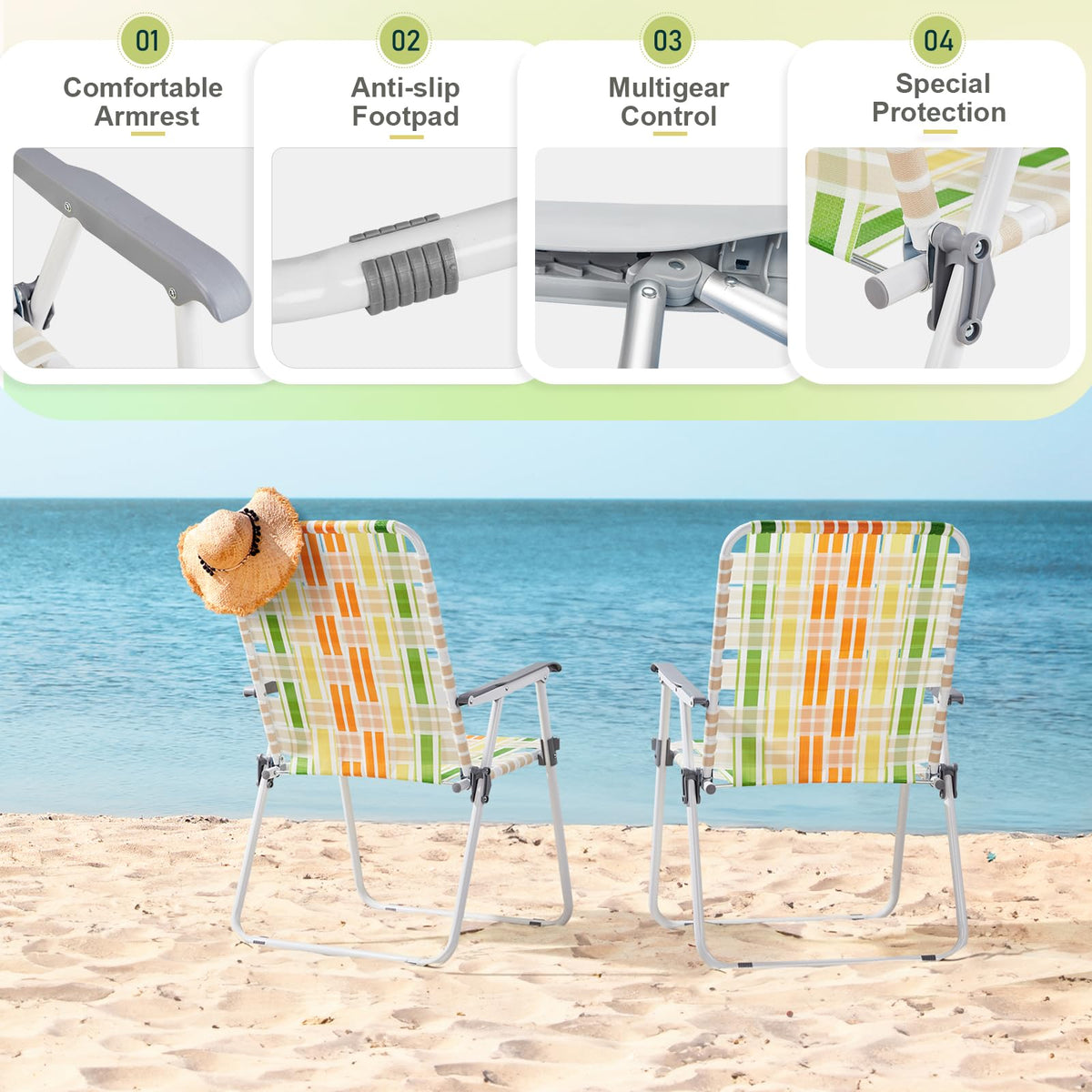 Set of 2 Webbed Folding Beach Chairs Yellow & Green G393
