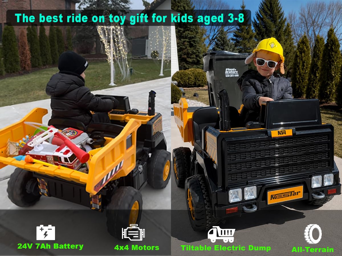 24V Ride On Dump Truck, 2-Seater Kids Electric Car, Yellow W4641
