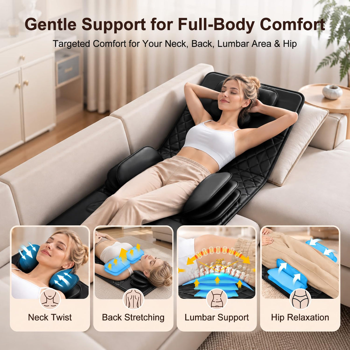 Full Body Massage Mat with Heat, 3D Stretching Back Massager Pad, 4 Modes 3 Intensities 3 Heat Levels, Portable Foldable PU Leather C504