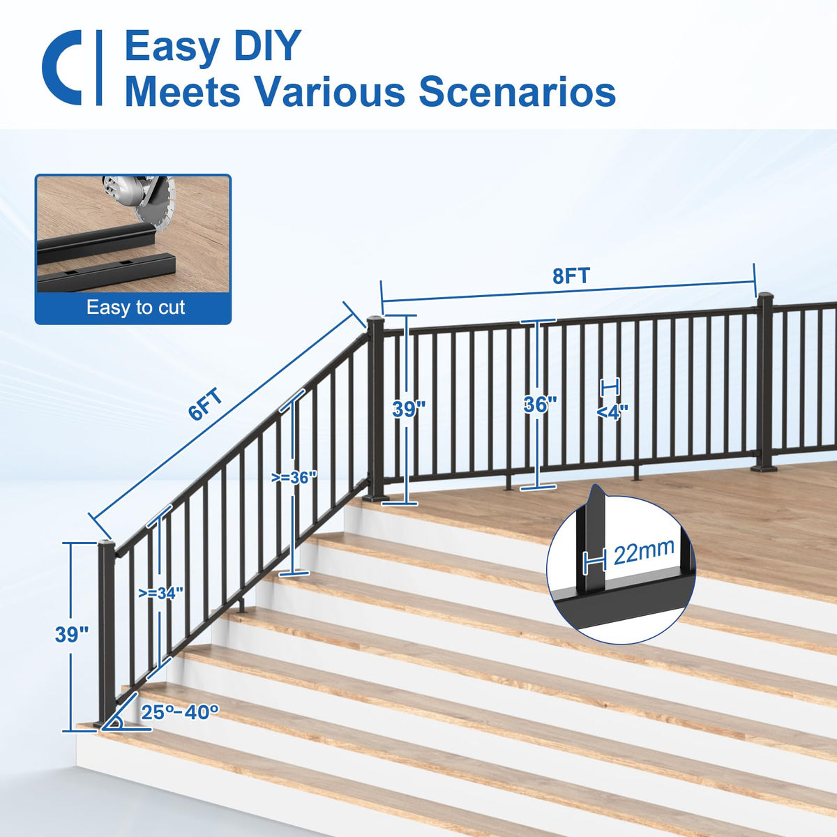 1 Pack 36 in. H x 6 ft. W Aluminum Stair Railing Kit with Post J609
