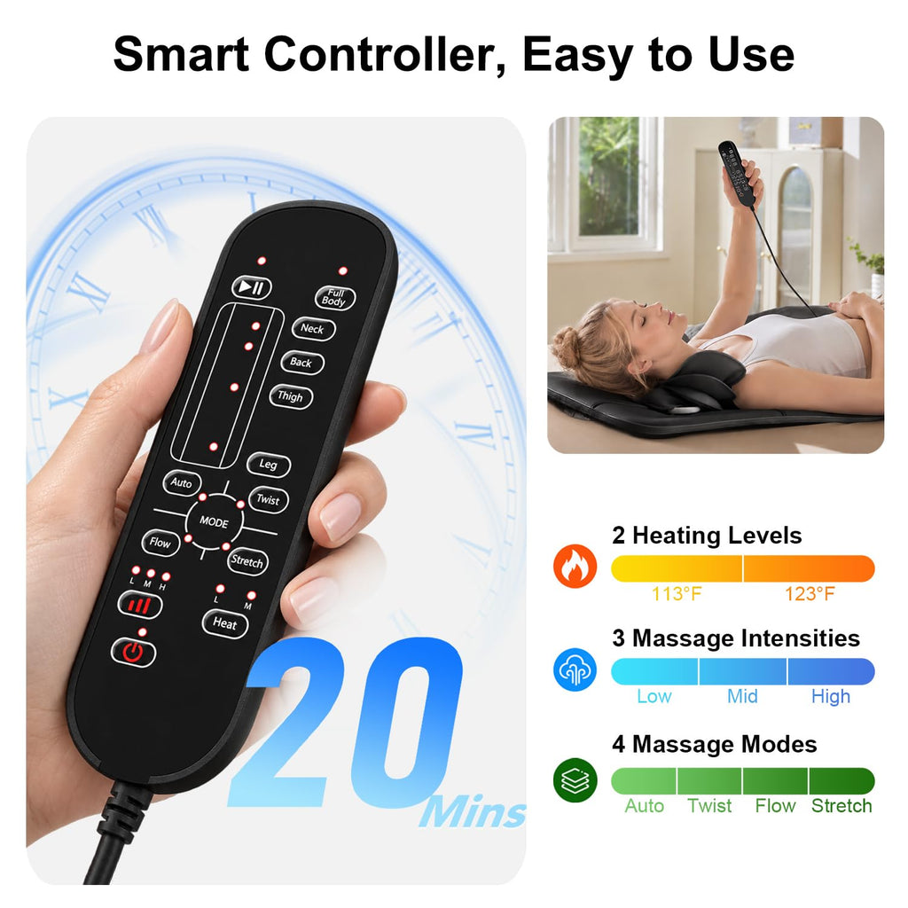 Full Body Massage Mat with Heat, 3D Stretching Back Massager Pad, 4 Modes 3 Intensities 3 Heat Levels, Portable Foldable PU Leather C504