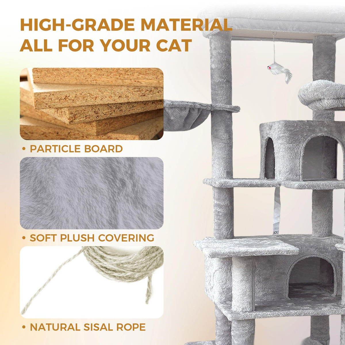 68 Inches Tall Multi-Level Cat Tree with Hammock and Light Gray K381885