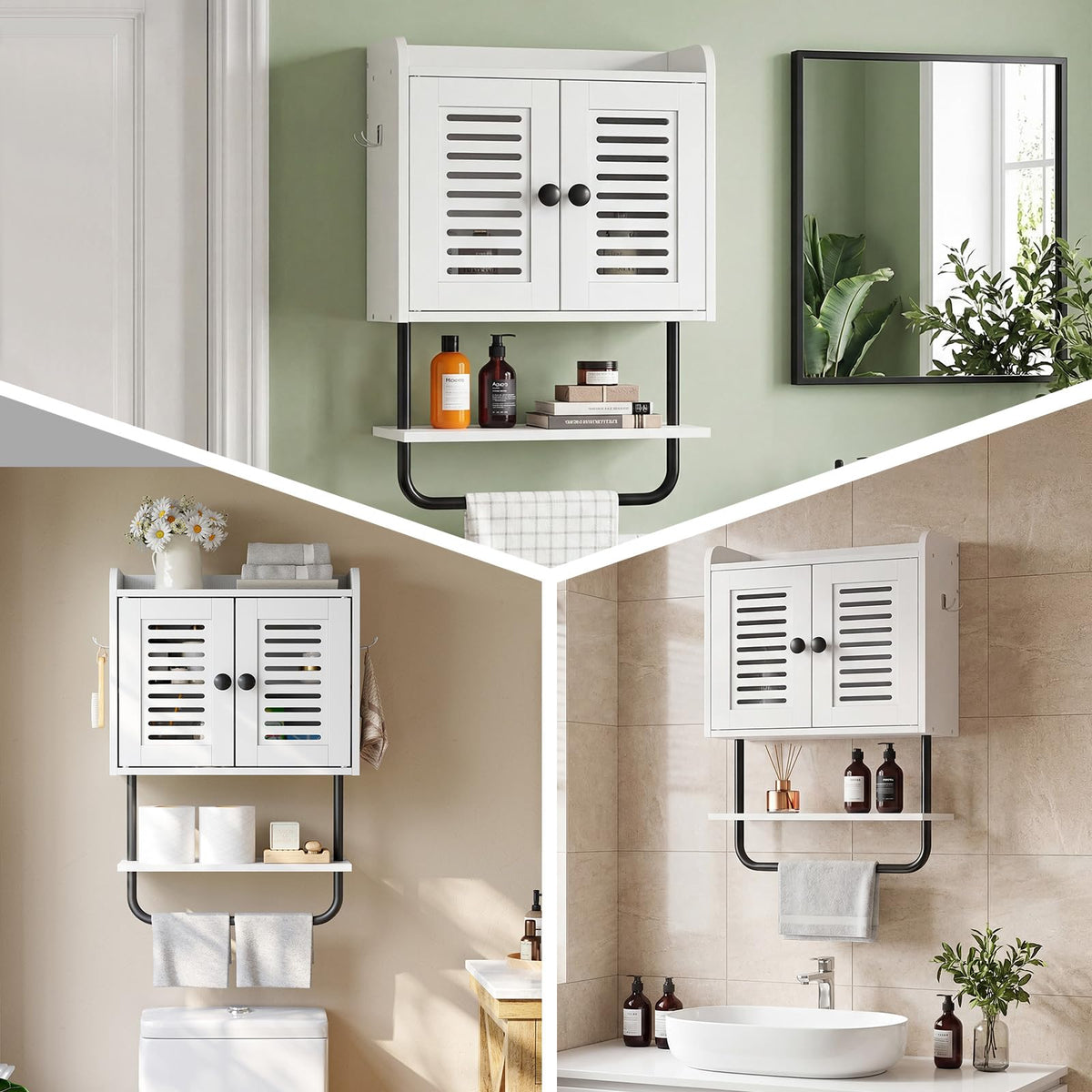 White Double Doors Bathroom Wall Cabinet with Towel Bar, Adjustable Shelf, 2 Hooks M57506