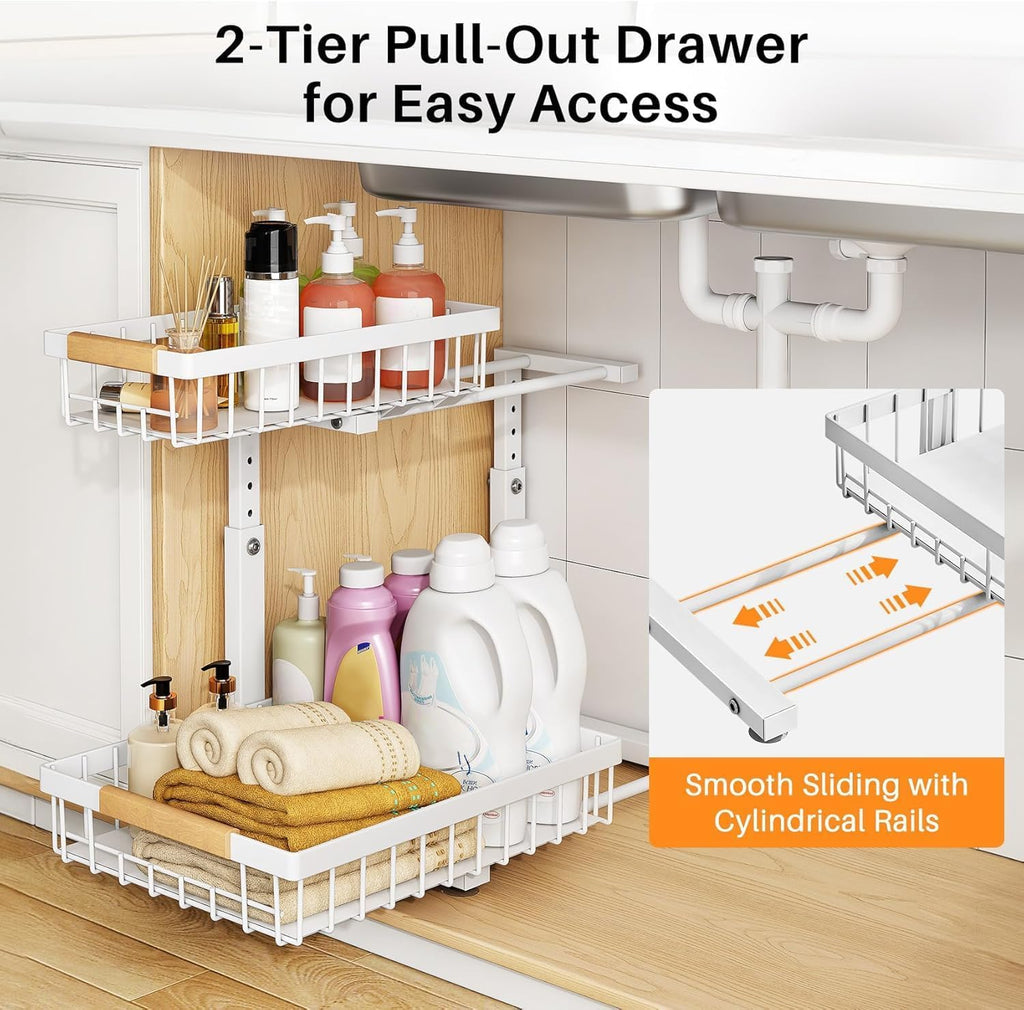 Adjustable 2 Tier Pull Out Under Sink Organizer, White, 2 Pack Q2276