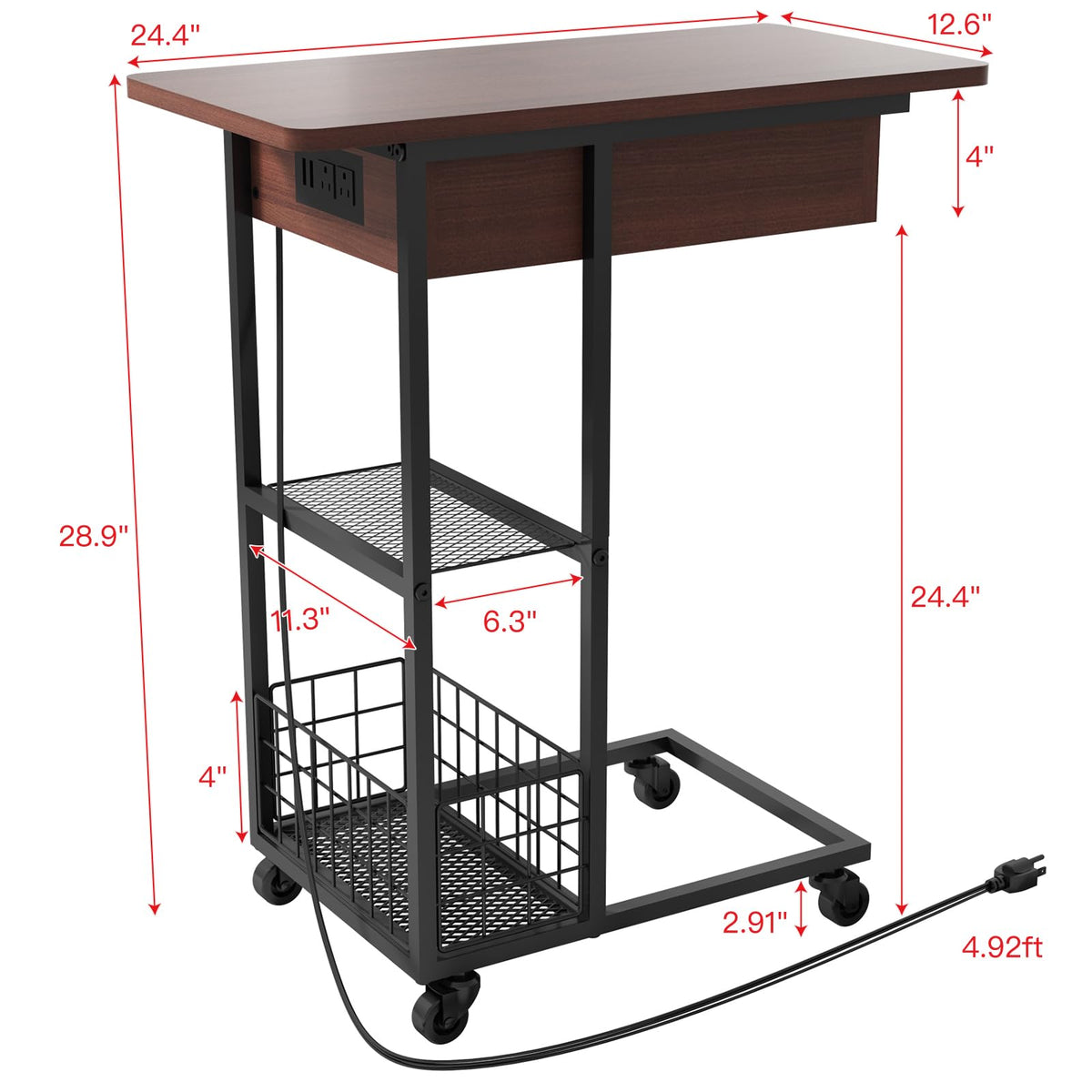 C Shaped End Table with Charging Station V4556