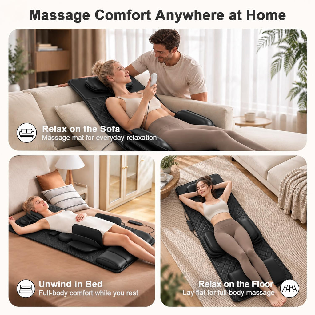 Full Body Massage Mat with Heat, 3D Stretching Back Massager Pad, 4 Modes 3 Intensities 3 Heat Levels, Portable Foldable PU Leather C504