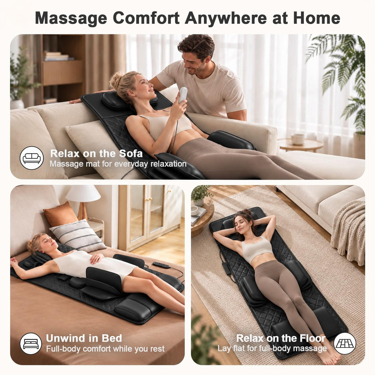 Full Body Massage Mat with Heat, 3D Stretching Back Massager Pad, 4 Modes 3 Intensities 3 Heat Levels, Portable Foldable PU Leather C504