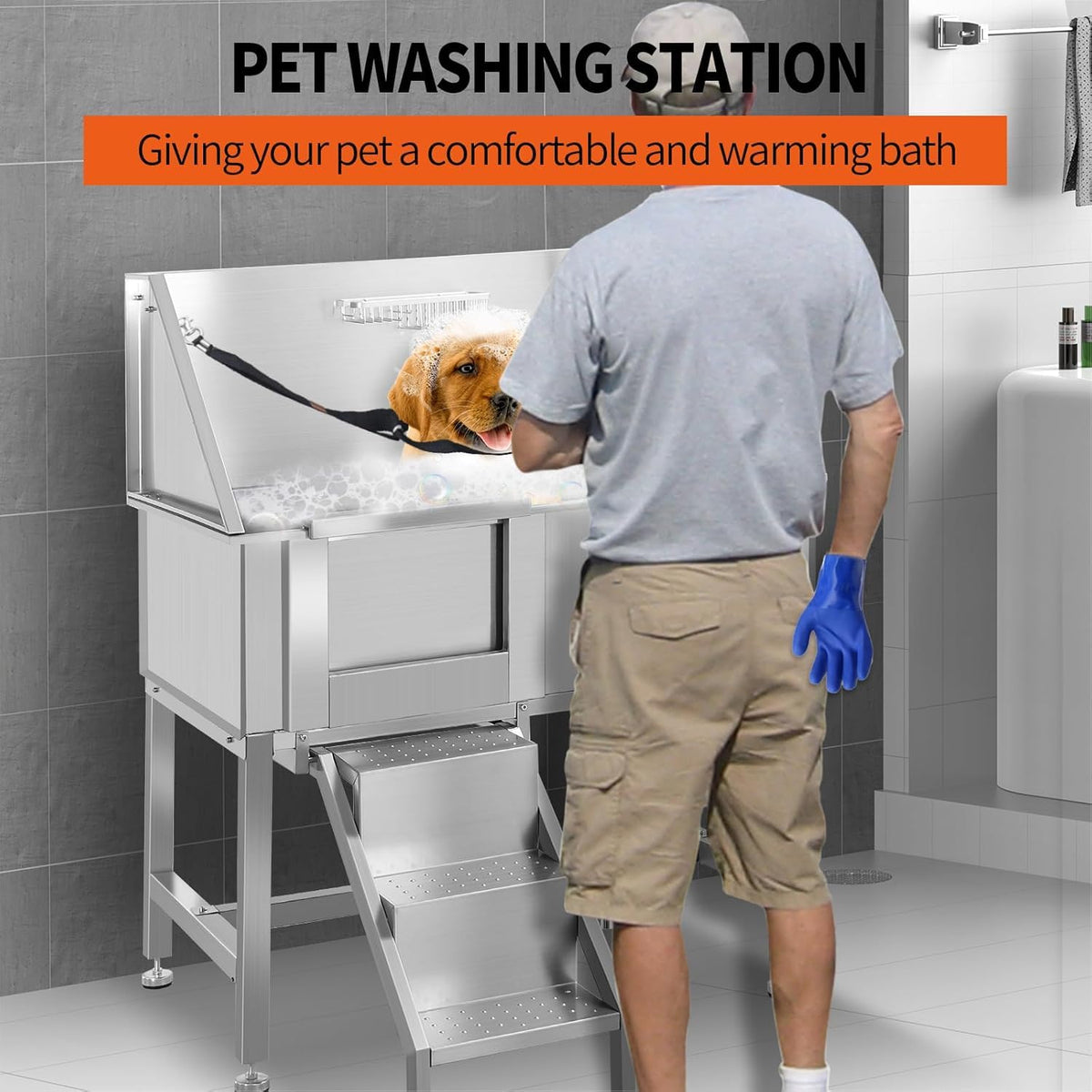 38" Stainless Steel Dog Grooming Tub with Anti-Slip Stairs N622