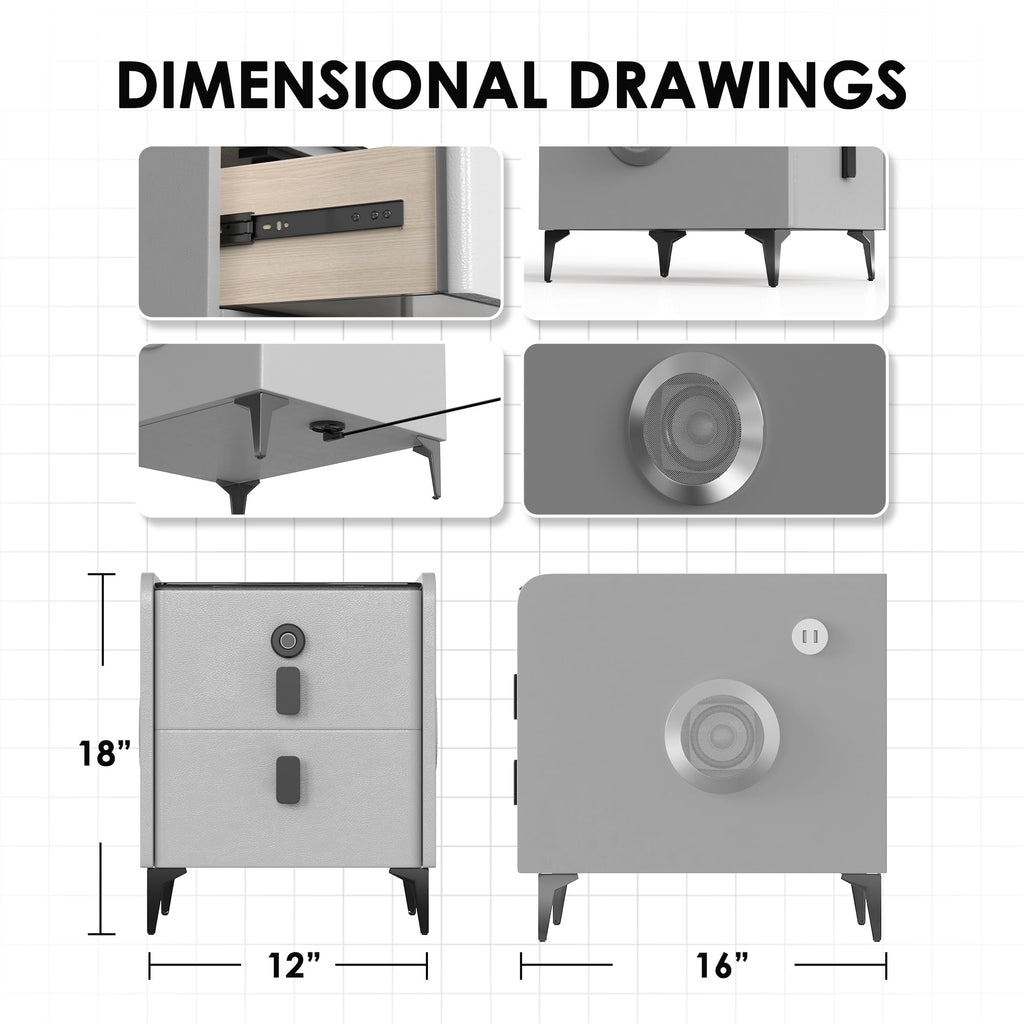 Grey 2 Drawer Nightstand with Wireless Charging Station I402