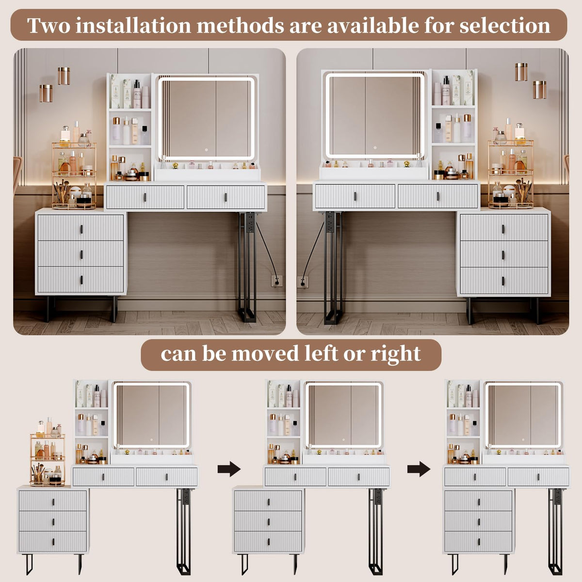 White Vanity Desk with Mirror and 5 Sliding Drawers S31428
