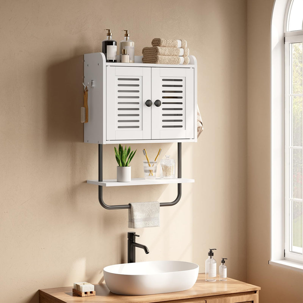 White Double Doors Bathroom Wall Cabinet with Towel Bar, Adjustable Shelf, 2 Hooks M57506