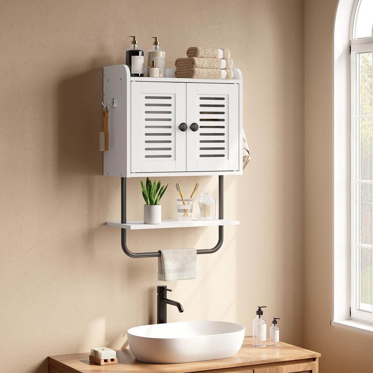 White Double Doors Bathroom Wall Cabinet with Towel Bar, Adjustable Shelf, 2 Hooks M57506