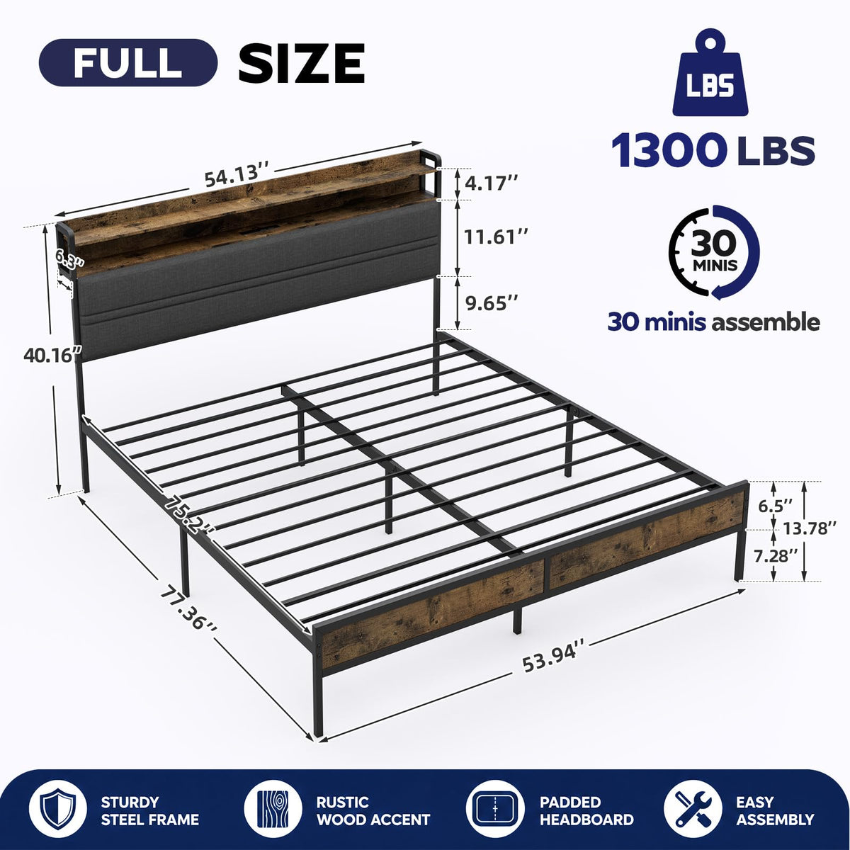 Full Bed Frame with LED Light Storage Headboard and Charging Station J109