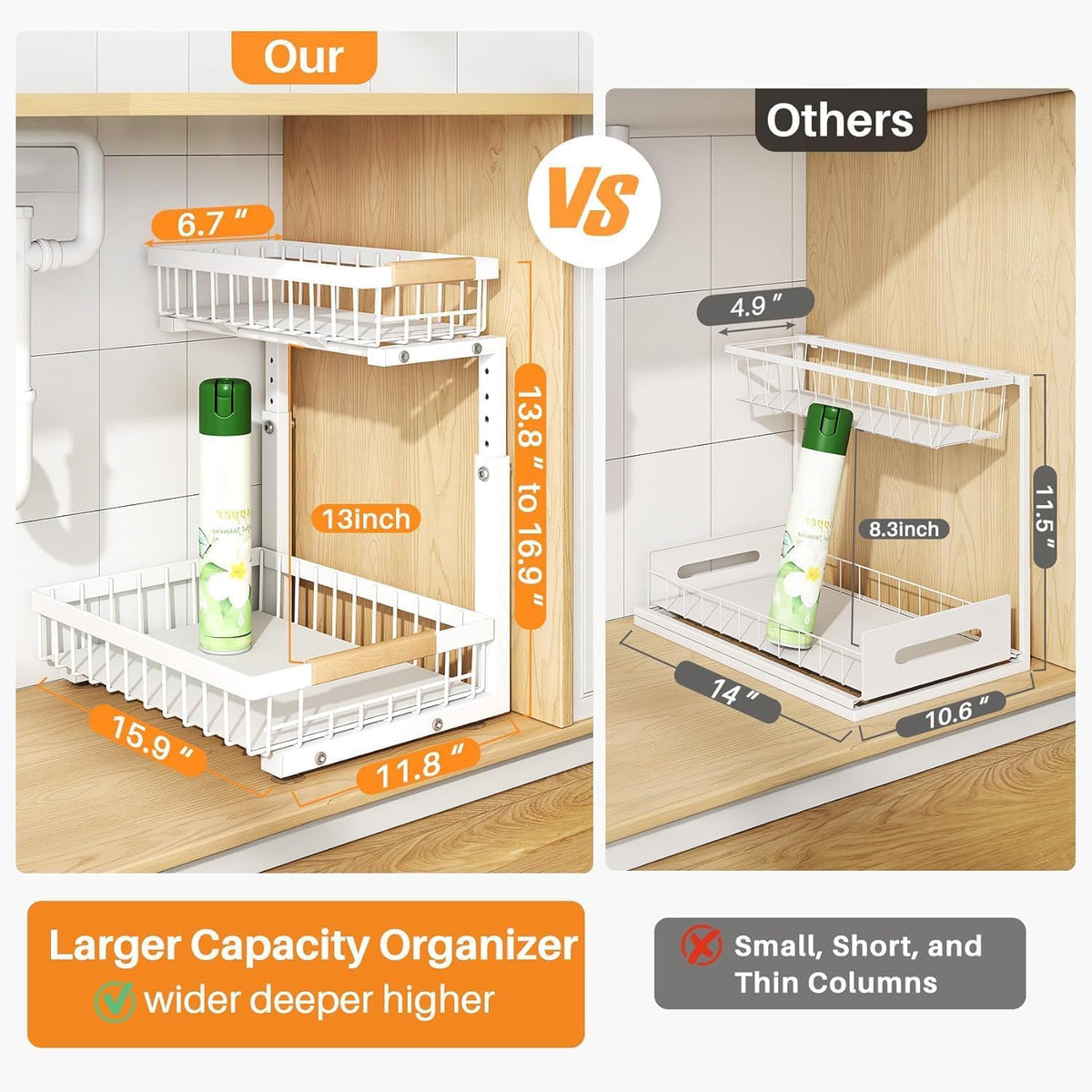 Adjustable 2 Tier Pull Out Under Sink Organizer, White, 2 Pack Q2276